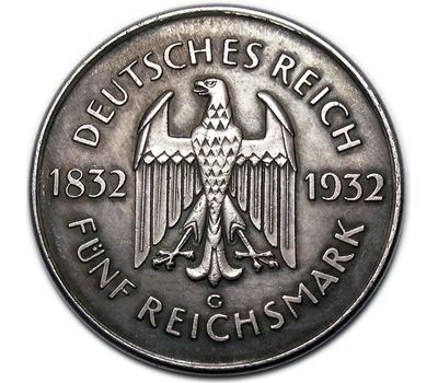  Монета 5 марок 1932 «100 лет смерти Гете» Германия (копия), фото 2 
